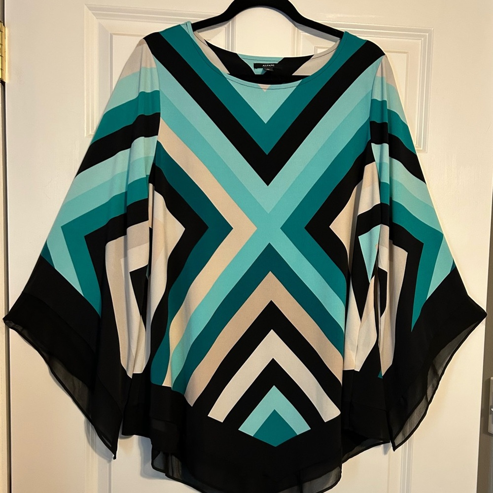 Alfani Teal and Black Bell Sleeve Geometric Blouse